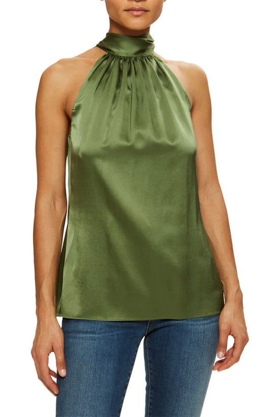 Lori Silk High Neck Tank Top in Dark Sage