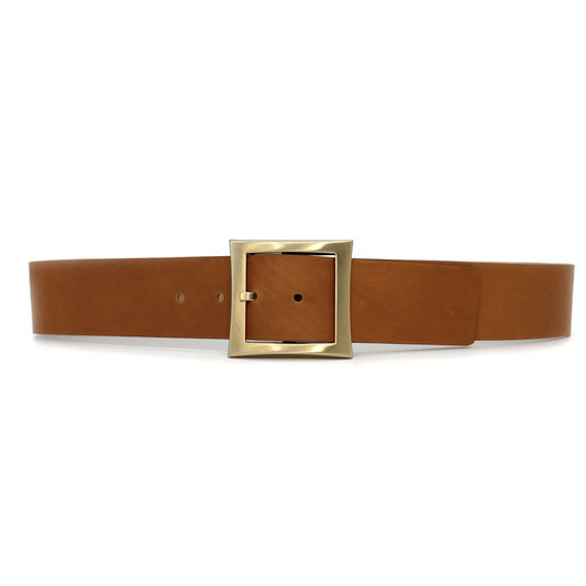 Della - Elegant Woman's Wide Waist Belt Cognac Leather in Satin Gold Buckle