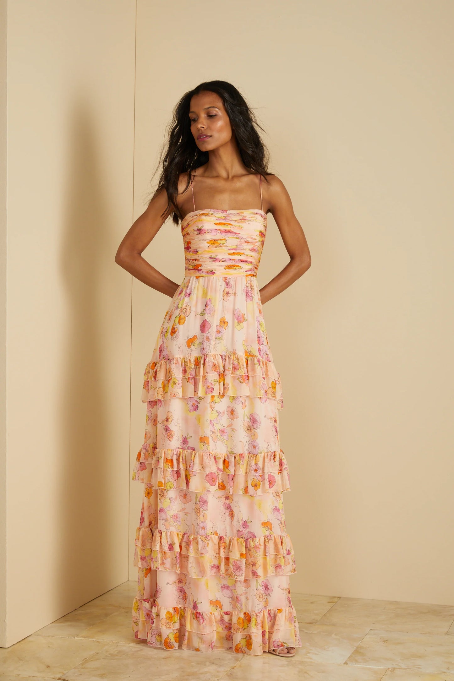 Mallory Tiered Gown in Flowers Cloud - FINAL SALE