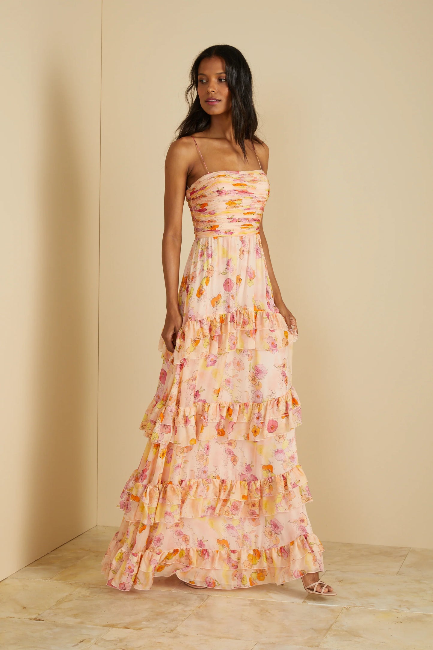 Mallory Tiered Gown in Flowers Cloud - FINAL SALE