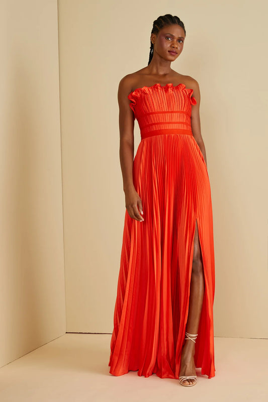 Losey Ruffle Neck Gown in Sun Coral