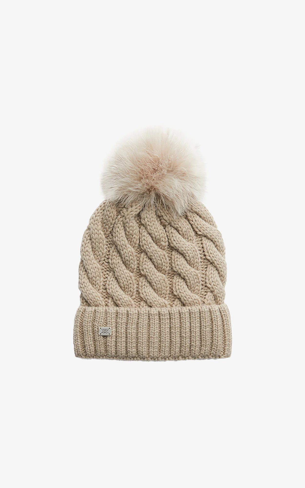 AMALIE-TN Cable-Knit Hat With Detachable Feather Pompom