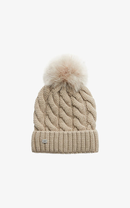 AMALIE-TN Cable-Knit Hat With Detachable Feather Pompom