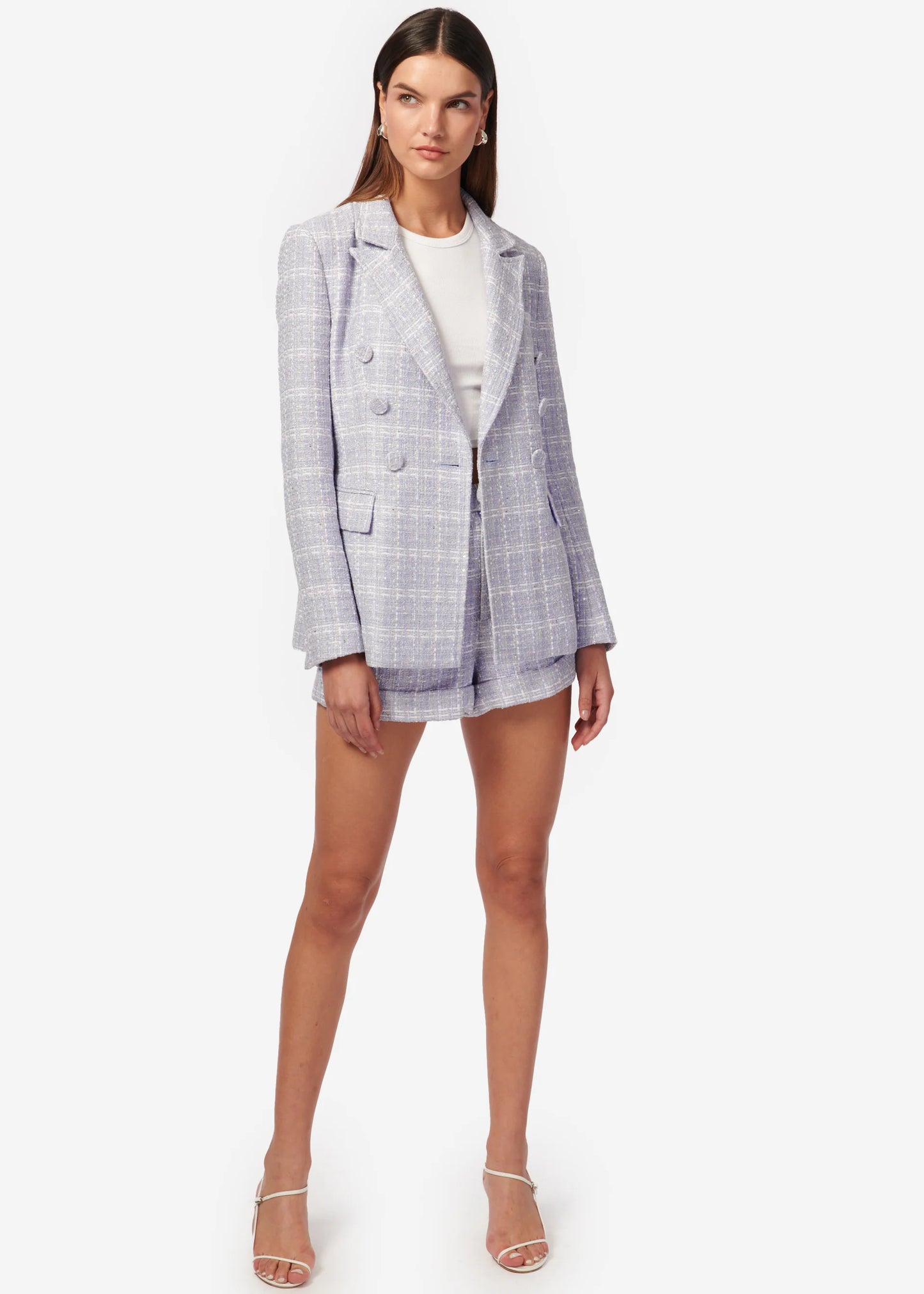 Bruna Tweed Blazer in White/Delphinium