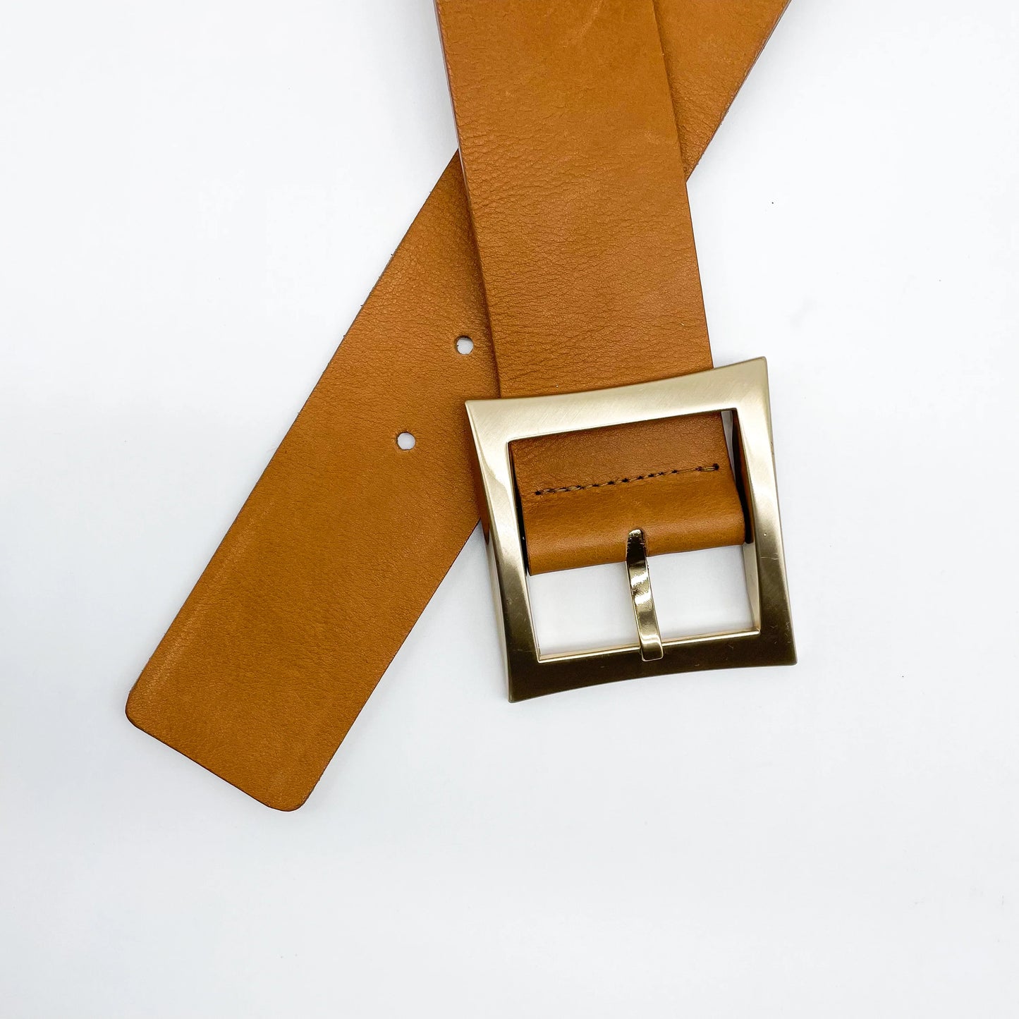 Della - Elegant Woman's Wide Waist Belt Cognac Leather in Satin Gold Buckle
