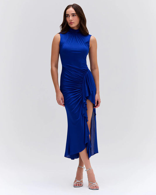 Metallic Jersey Sleeveless Midi Dress in Sapphire