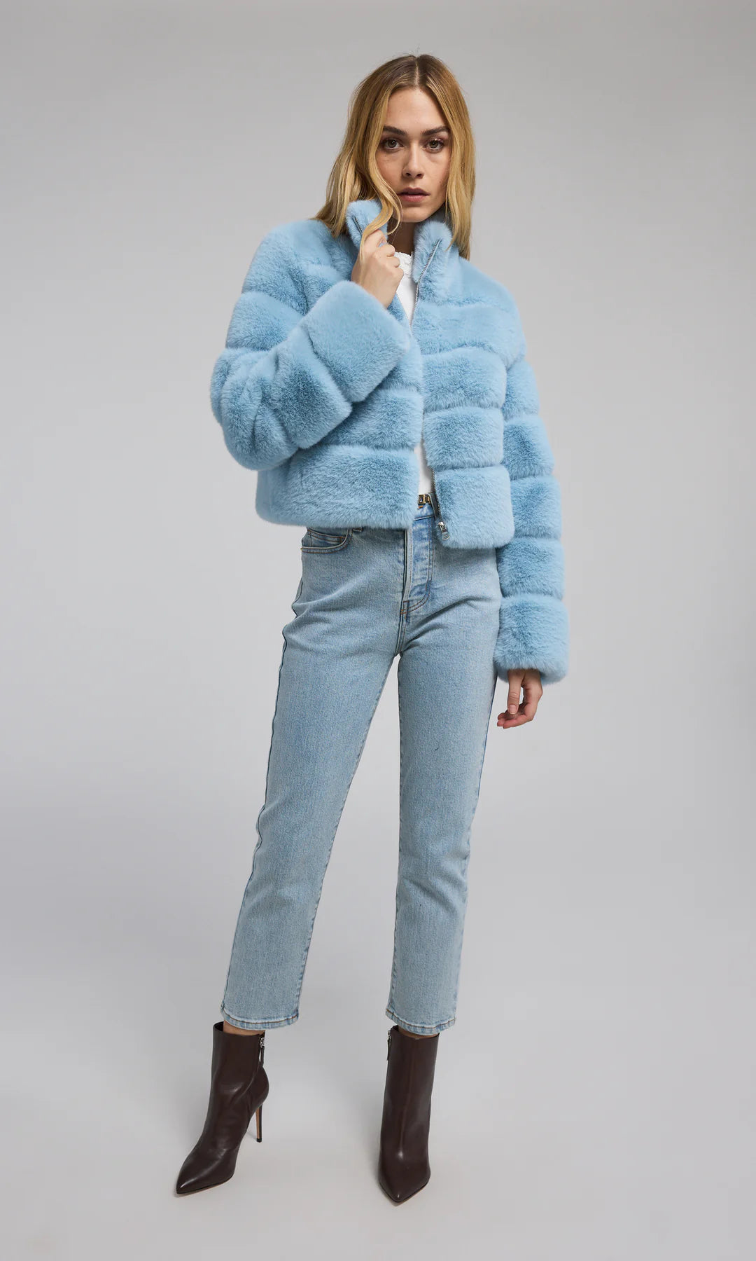 Tala Faux Fur Bomber in Powder Blue