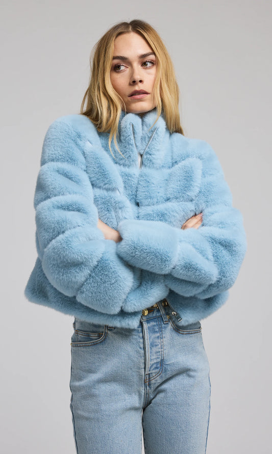 Tala Faux Fur Bomber in Powder Blue