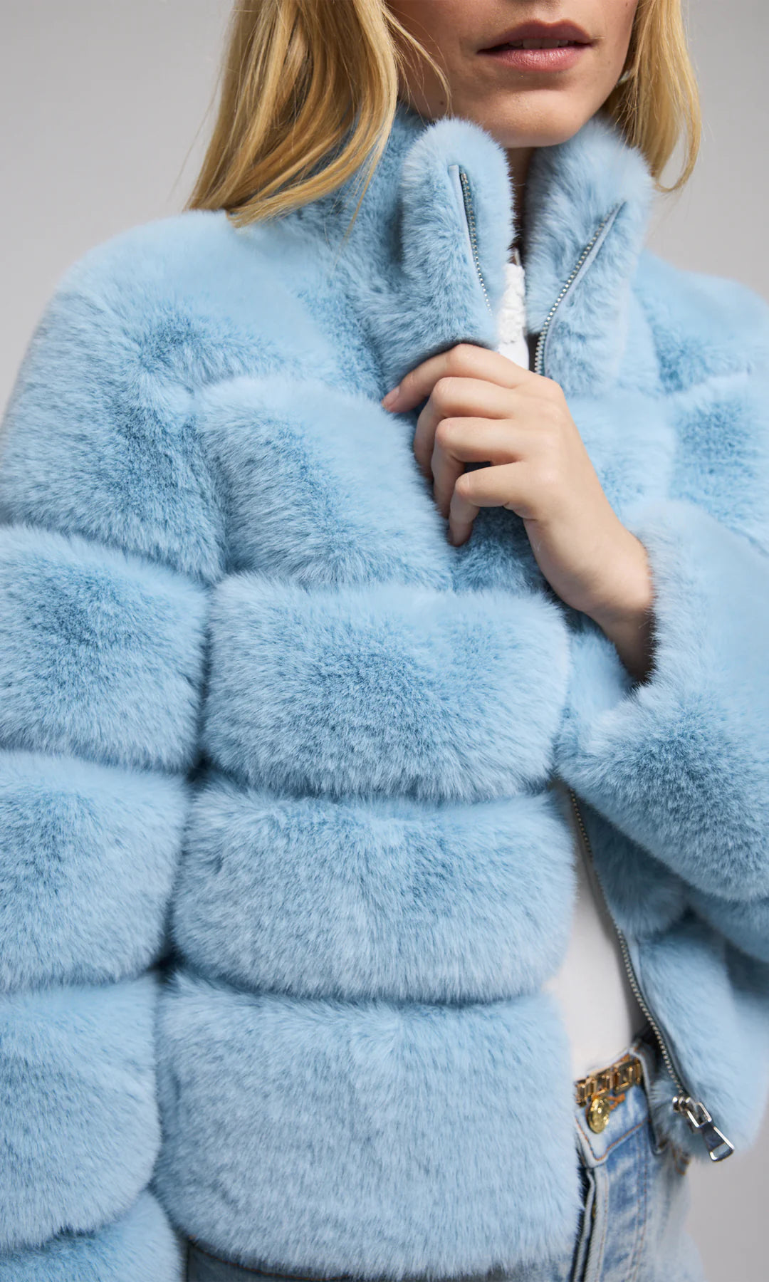 Tala Faux Fur Bomber in Powder Blue