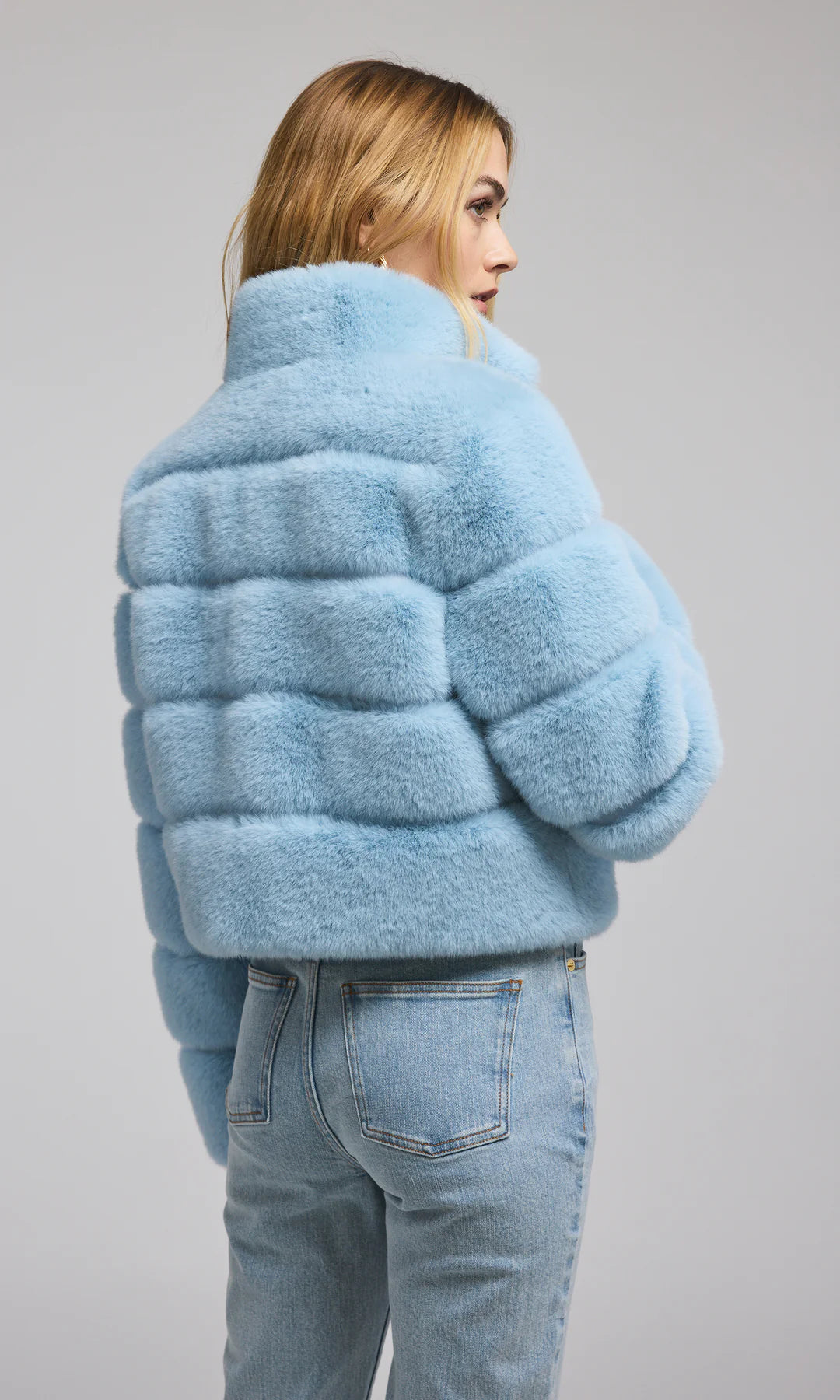 Tala Faux Fur Bomber in Powder Blue